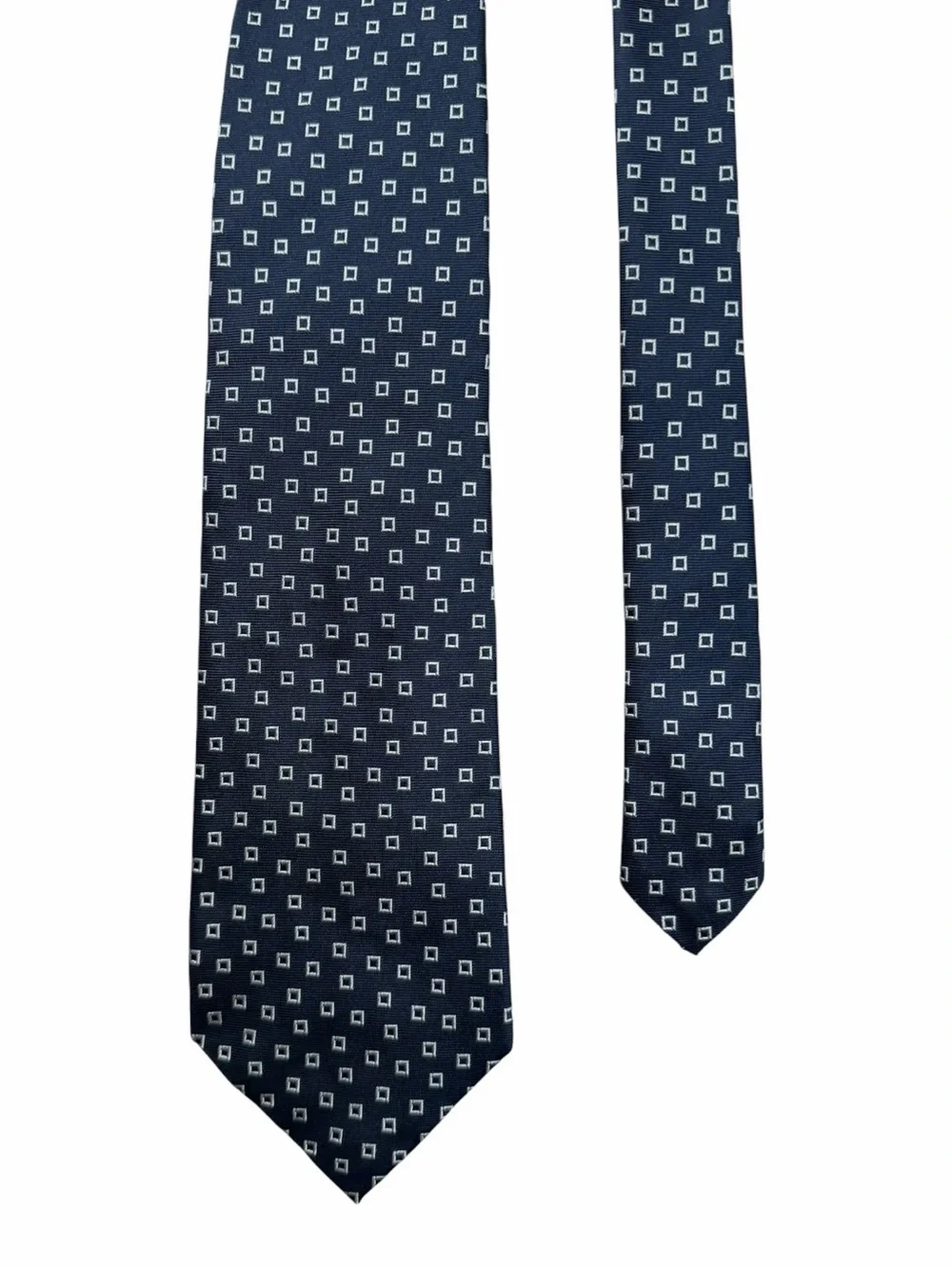 Polo Ralph Lauren Vintage Navy Silk Necktie Gray Geometric Square Print USA Made